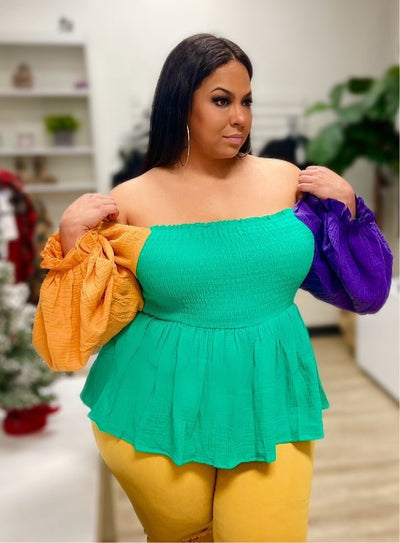 Mogul Boutique-Green Mardi Gras Babydoll Top Shirts & Tops carnival top