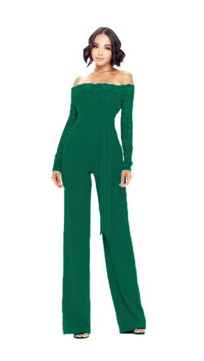 Mogul Boutique-Hunter Green Lace Jumpsuit green jumpsuit